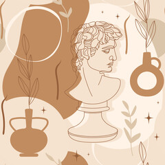 Seamless pattern with antique sculpture of Michelangelo's David portrait, abstract terracotta shape, plants, sun, amphora and olive branch. Vector illustration for wrapping paper, wallpaper etc. - obrazy, fototapety, plakaty