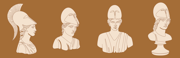 Set of one line Ancient Greek goddess statue. Athena classical mythological sculptures in different poses. Vector art for design of posters, clothes, logo, invitations on mustard color background.