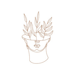 Broken head of Michelangelo's David with branch. One line mystic greek sculpture. Contemporary vector art for design of posters, clothes, logo, tattoo, invitations.