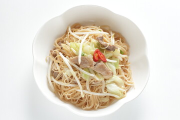 Chinese food, soy sprout and chicken fried noodles