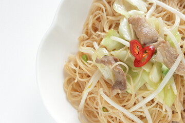 Chinese food, soy sprout and chicken fried noodles