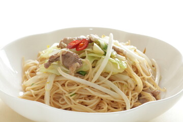 Chinese food, soy sprout and chicken fried noodles