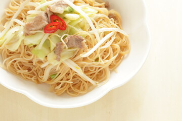 Chinese food, soy sprout and chicken fried noodles