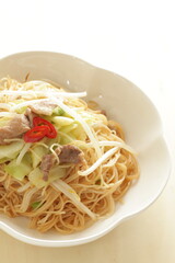 Chinese food, soy sprout and chicken fried noodles