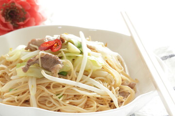 Chinese food, soy sprout and chicken fried noodles