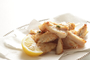 Chinese food, deep fried chicken soft bone served with Lemon