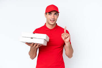 Pizza delivery caucasian man with work uniform picking up pizza boxes isolated on white background...