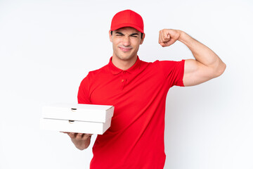 Pizza delivery caucasian man with work uniform picking up pizza boxes isolated on white background...