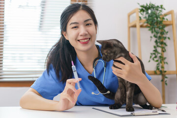 Pet care concept, Female veterinary prepare vaccinations to injection the cat in vet clinic