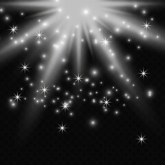 White glowing light explodes on a transparent background. Sparkling magical dust particles. Bright Star. Transparent shining sun, bright flash.