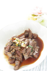 Korean food, bbq grilled beef and garlic with sauce