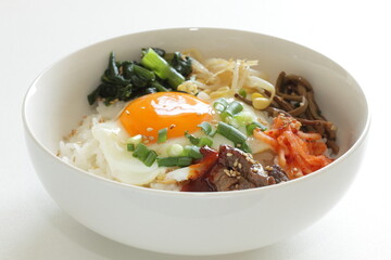Korean food, namul assorted seasoning vegetable with sunny side up fried egg and gochujang