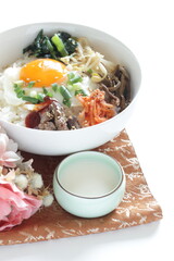Korean food, namul assorted seasoning vegetable with sunny side up fried egg and gochujang
