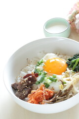 Korean food, namul assorted seasoning vegetable with sunny side up fried egg and gochujang