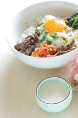 Korean food, namul assorted seasoning vegetable with sunny side up fried egg and gochujang