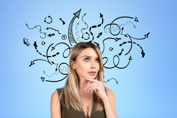 Pondering attractive businesswoman wearing formal wear is standi