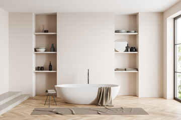 Naklejka na ściany i meble Front view on bright bathroom interior with bathtub, shelves
