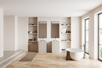 Naklejka na ściany i meble Front view on bright bathroom interior with bathtub, panoramic windows
