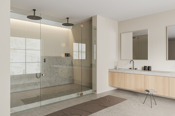 Fototapeta na wymiar Light bathroom interior with sink and douche, bath accessories
