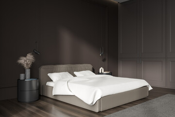 Corner view on dark bedroom interior with empty brown wall