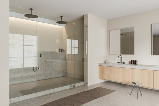 Light bathroom interior with sink and douche, bath accessories