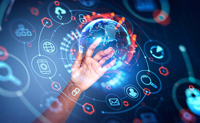 Woman finger touch earth sphere and digital hud with icons, metaverse