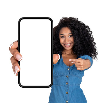 African Businesswoman Pointing At Large Phone, Isolated Over White Background