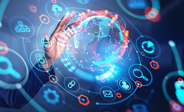 African businessman finger touch earth sphere with digital hologram - Powered by Adobe