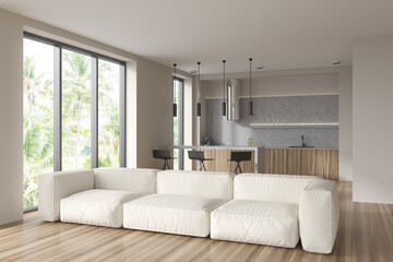 Light kitchen interior with couch and dining area, panoramic window