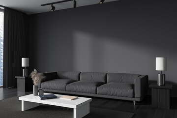 Corner view on dark living room interior with grey wall