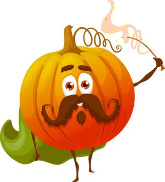 Funny cartoon pumpkin wizard or conjuror character