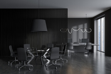 Fototapeta na wymiar Grey office room interior with coworking and meeting area, panoramic window