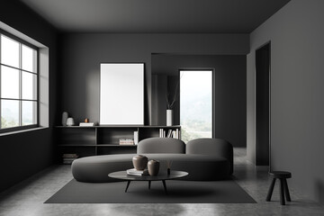 Chill interior with couch and drawer, panoramic window and mockup frame