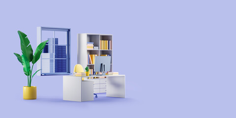 Cartoon office interior with desk and computer, shelf and window. Copy space