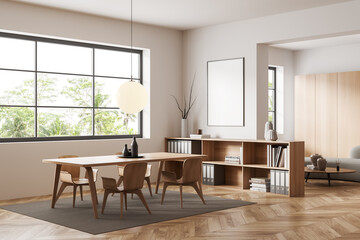 Light office room interior with table and relax area with window. Mockup frame