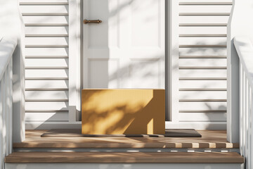 Cardboard parcel at the doorstep, delivery and courier. Mockup