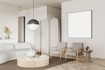 Stylish lounge interior with couch, chairs and decoration. Mockup frame