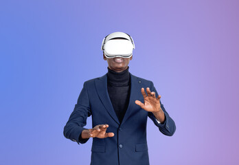 Black businessman working in vr headset on gradient purple background. Copy space