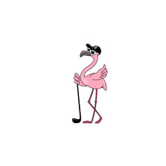 Pink Flamingo Play Golf. Vector illustration, Cartoon character, Stickers, Logo