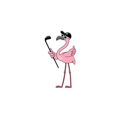 Pink Flamingo Play Golf. Vector illustration, Cartoon character, Stickers, Logo
