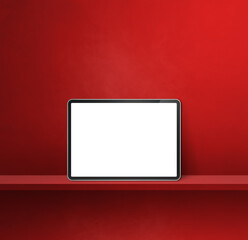 Digital tablet pc on red wall shelf. Square background banner