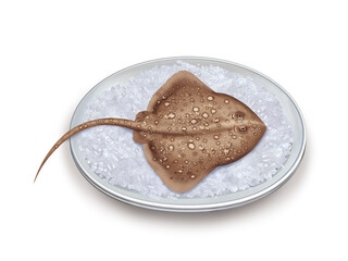 rai , poisson, plateau, glace pilé, fraîcheur, frais,  pêche, aliment, mer, animal, ailette, sain, queue, fond blanc, attraper, repas, cuisiner, plat, viande, 