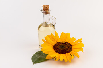 Sunflower oil in glass jug, seeds and flower isolated on white background