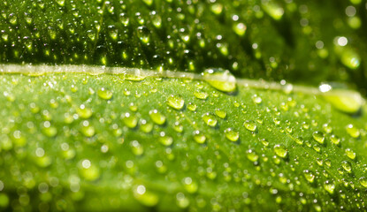 Green leaf in morning dew, soft sunlight. Copy space for text.