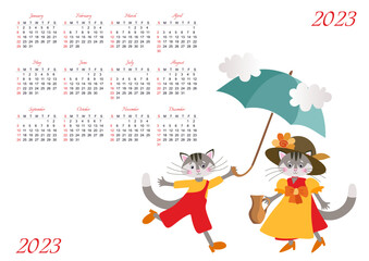 Wall calendar for 2023 with a funny illustration. Cute cartoon cats with an umbrella and a jug on a white background. The week starts on Sunday.