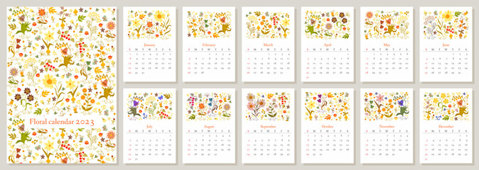 Beautiful calendar with floral ornament, butterflies and berries for 2023. The week starts on Sunday. - obrazy, fototapety, plakaty