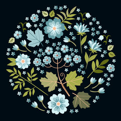Cute round floral ornament with blue flowers and green leaves on a black background in vector. Wonderful print for fabric, napkin, pillow, bag, handkerchief.