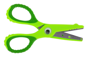 Cutout of an isolated cute green scissors for kids and preschool with cartoonish eyes - obrazy, fototapety, plakaty