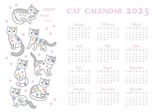 Cats calendar for 2023 with cute cartoon kittens, pink hearts and flowers on a white background. The week starts on Sunday.