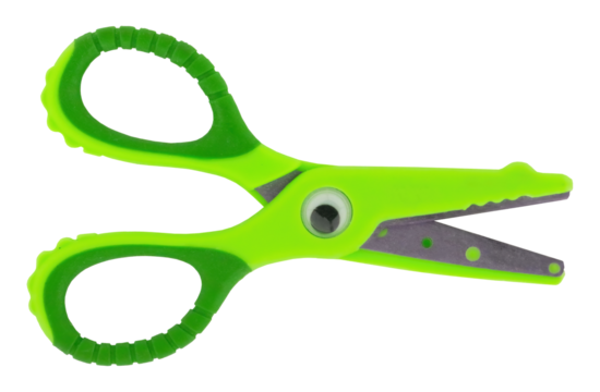 Cutout of an isolated cute green scissors for kids and preschool with cartoonish eyes